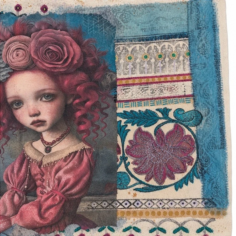 Decoupage Canvas Tote Bag Pink Hair Girl Floral Rose Portrait Boho Art